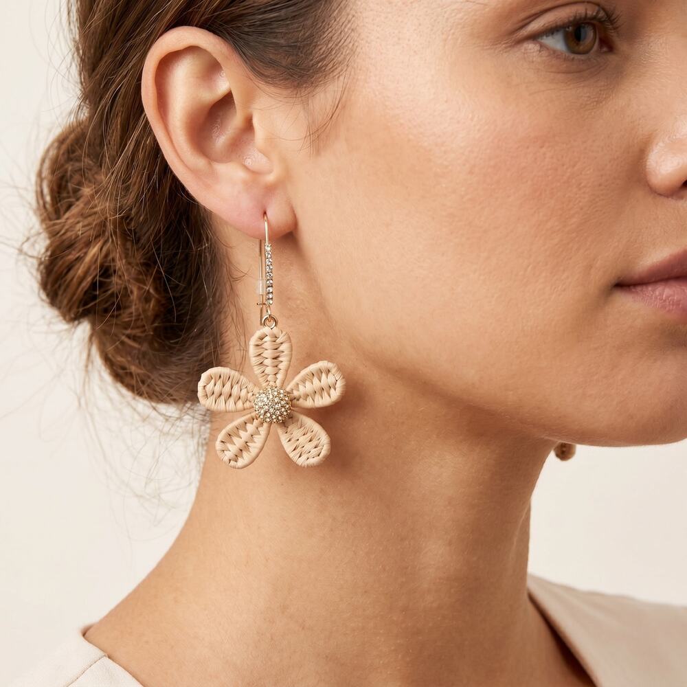 Betsey Johnson Raffia Flower Earrings Neutral Floral NWT
